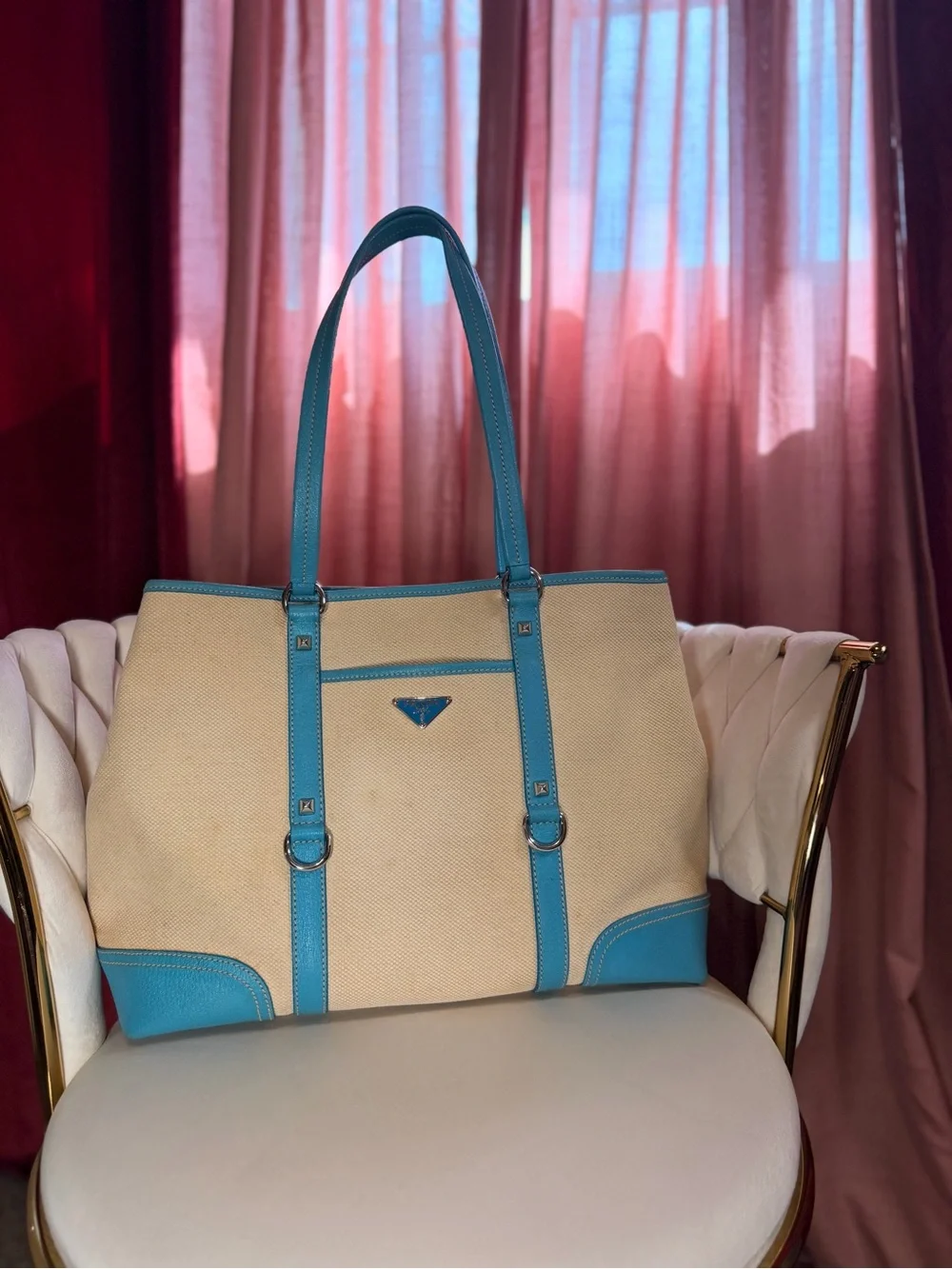 Rare Authentic Prada Canvas Tote Bag in Cream and Turquoise